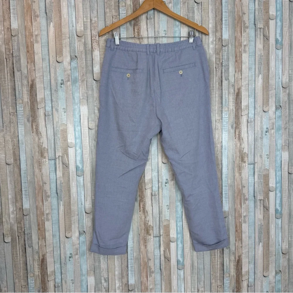 Zara L Pull On Waist Trouser Pant High Rise Relaxed Minimalist Blue Linen Spring